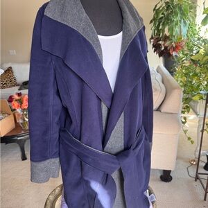 Susan Graver Weekend Navy & Gray Belted Collared Long Jacket - Women's Size L